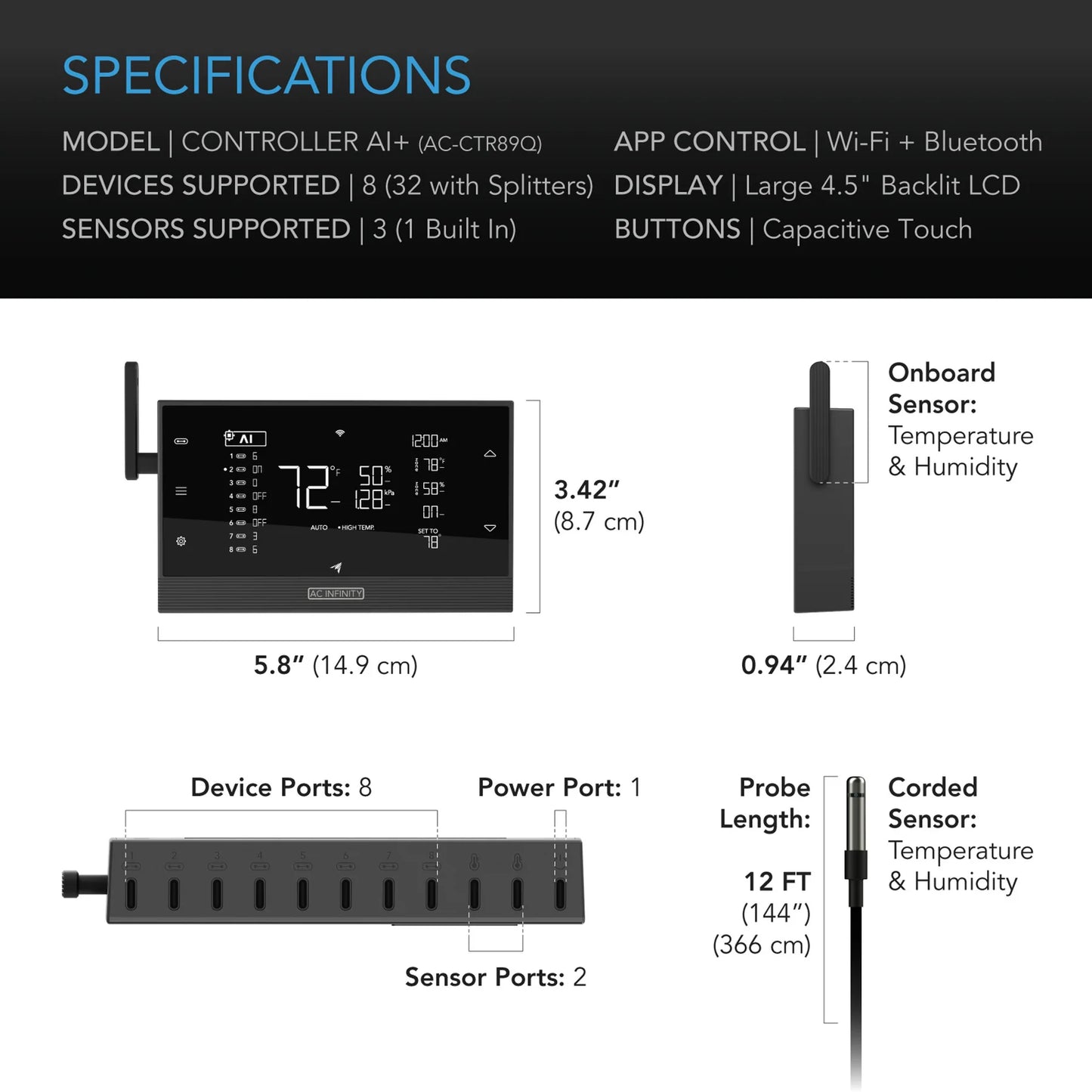 CONTROLLER AI+ with CO2 Sensor, AI-Powered Learning, CO2 Data Tracking for Optimized FAE, Temp, Humidity, and VPD Monitoring for Dynamic Level Adjusting Bluetooth & WiFi App