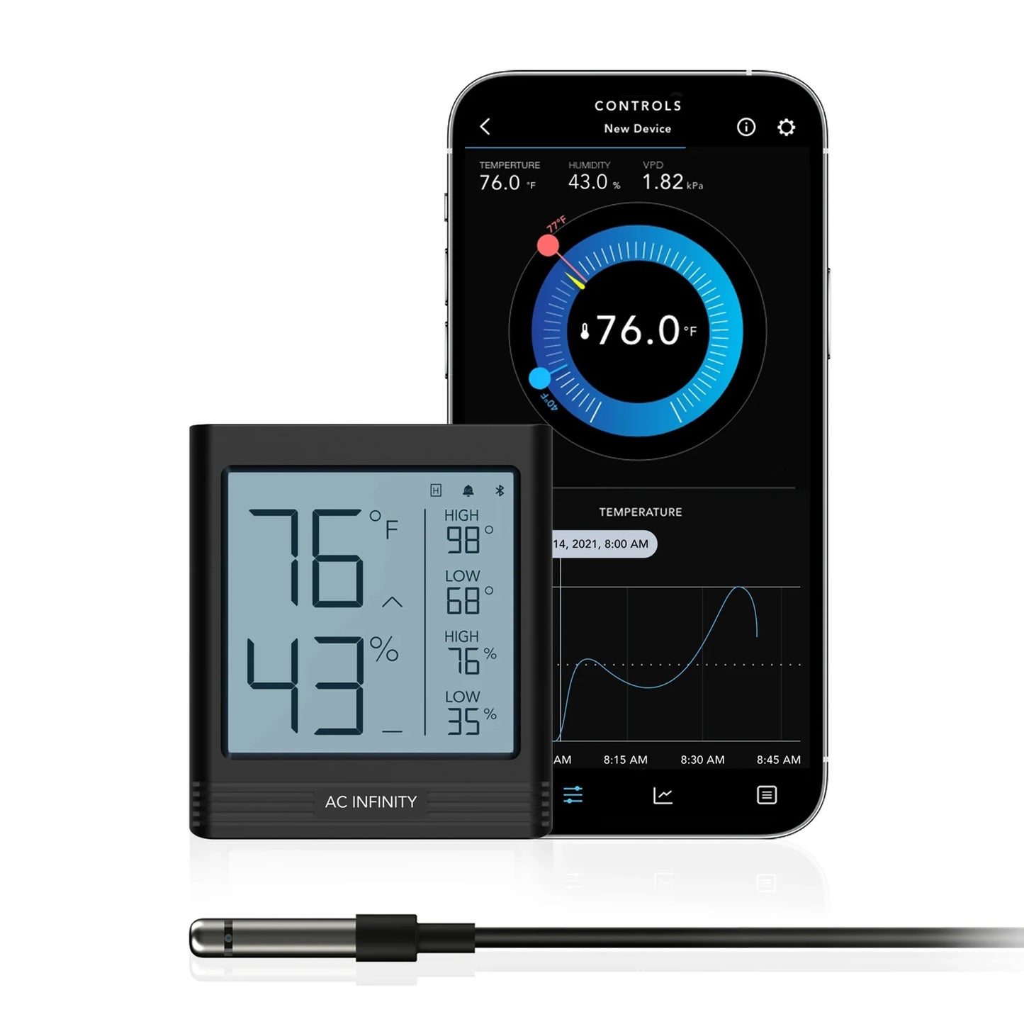 Cloudcom B1, Smart Thermo-Hygrometer With Data App, 12 Ft. Sensor Probe